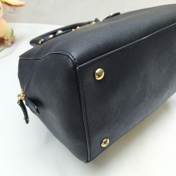 Michael Kors Black Leather Domed Double Handles Zipper Satchel Bag - Picture 13 of 14